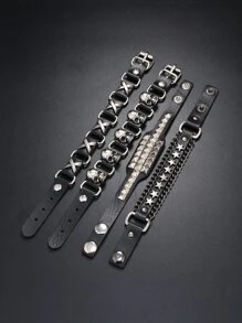 4pcs Men Skull Decor Bracelet - Black - View 2