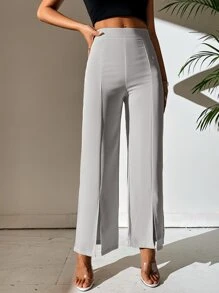 SHEIN PETITE 高腰下擺開叉直筒褲 - 淺灰色 - 查看 3