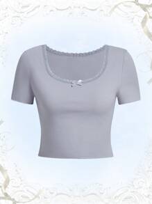 素色蕾絲拼接T恤 - 灰色 - 查看 1
