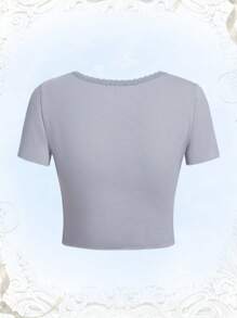素色蕾絲拼接T恤 - 灰色 - 查看 2