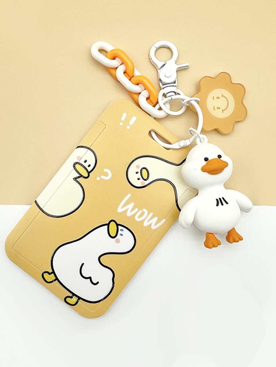 1pc Cartoon Duck Pattern Card Cover With Key Chain, Cute Portable Badge Holder For School Student, Office - Multicolor - View 1