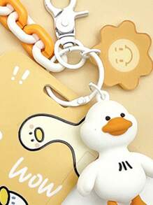 1pc Cartoon Duck Pattern Card Cover With Key Chain, Cute Portable Badge Holder For School Student, Office - Multicolor - View 2