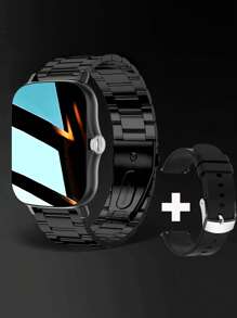 1 pieza Reloj Inteligente cuadrado multifunción con correa de acero inoxidable negro, resistente al agua, con seguimiento de frecuencia cardíaca, sueño y clima, compatible con Android e , incluye 1 pieza de correa de silicona - Negro - Ver 2