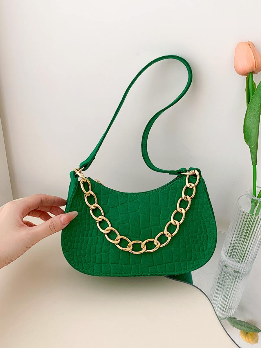 Bolso hobo pequeño con cocodrilo en relieve con diseño de cadena - Verde - Ver 1