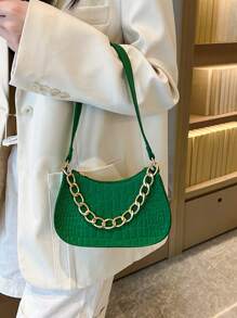 Bolso hobo pequeño con cocodrilo en relieve con diseño de cadena - Verde - Ver 8