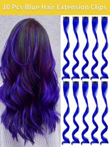 10 kẹp tóc giả nhiều màu, tóc giả xoăn gợn sóng dài 16 inch kẹp tóc tổng hợp, trang phục hóa trang Halloween, tiệc tùng thời trang, lễ hội âm nhạc, quà tặng năm mới cho phụ nữ, trẻ em, bé gái (màu đỏ) - Màu xanh lam - Xem 9