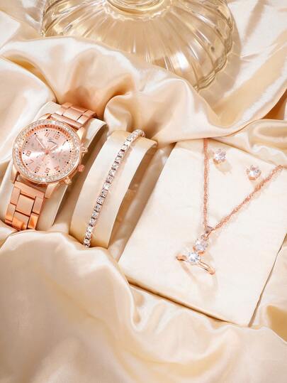 1 pieza con diseño de diamante de imitación Reloj cuarzo & 5 piezas con diseño de diamante de imitación Set joya