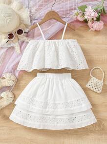 SHEIN 2 piezas Conjunto elegante y dulce de camiseta corta sin mangas calada y bordada y falda para niña joven, apropiado para viajes, vacaciones, regalos de fiesta, verano - Blanco - Ver 2
