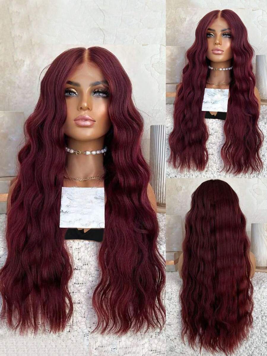 1 PC 13 X 4 X 1 T-Part Ren Dài Xoăn Tổng Hợp Tóc Giả & 1 Mũ Tóc Giả - Màu Đỏ Sâu - Xem 1