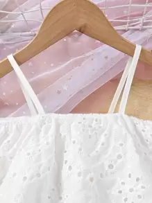 SHEIN 2 piezas Conjunto elegante y dulce de camiseta corta sin mangas calada y bordada y falda para niña joven, apropiado para viajes, vacaciones, regalos de fiesta, verano - Blanco - Ver 6
