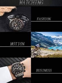 LIGE 1pc Black Stainless Steel Strap Business Date Chronograph Round Dial Quartz Watch, For Daily Life