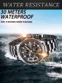 LIGE 1pc Black Stainless Steel Strap Business Date Chronograph Round Dial Quartz Watch, For Daily Life