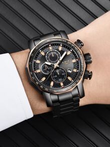 LIGE 1pc Black Stainless Steel Strap Business Date Chronograph Round Dial Quartz Watch, For Daily Life