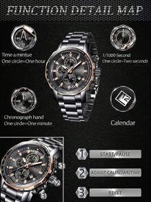LIGE 1pc Black Stainless Steel Strap Business Date Chronograph Round Dial Quartz Watch, For Daily Life