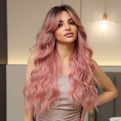 Pink Long Curly Wig 26-Inch Butterfly Hairstyle Synthetic Wig, Pink Long Curly Hair With Bangs, Synthetic Fiber Wig, Lady Girl Wig, Lace-Free Synthetic Wig, Music Festival