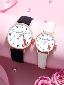 2 piezas Reloj cuarzo de esfera pareja con dibujos animados lápiz con estampado - Oro rosa - Ver 1