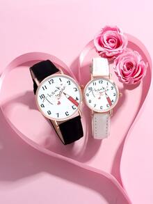 2 piezas Reloj cuarzo de esfera pareja con dibujos animados lápiz con estampado - Oro rosa - Ver 2