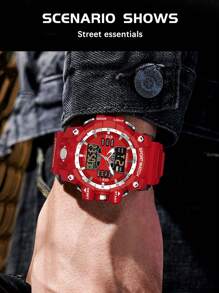Foxbox 1pc Men Red Silicone Strap Casual 24 Hour Round Dial Digital Watch, For Daily Life - Red - View 5
