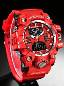 Foxbox 1pc Men Red Silicone Strap Casual 24 Hour Round Dial Digital Watch, For Daily Life - Red - View 6