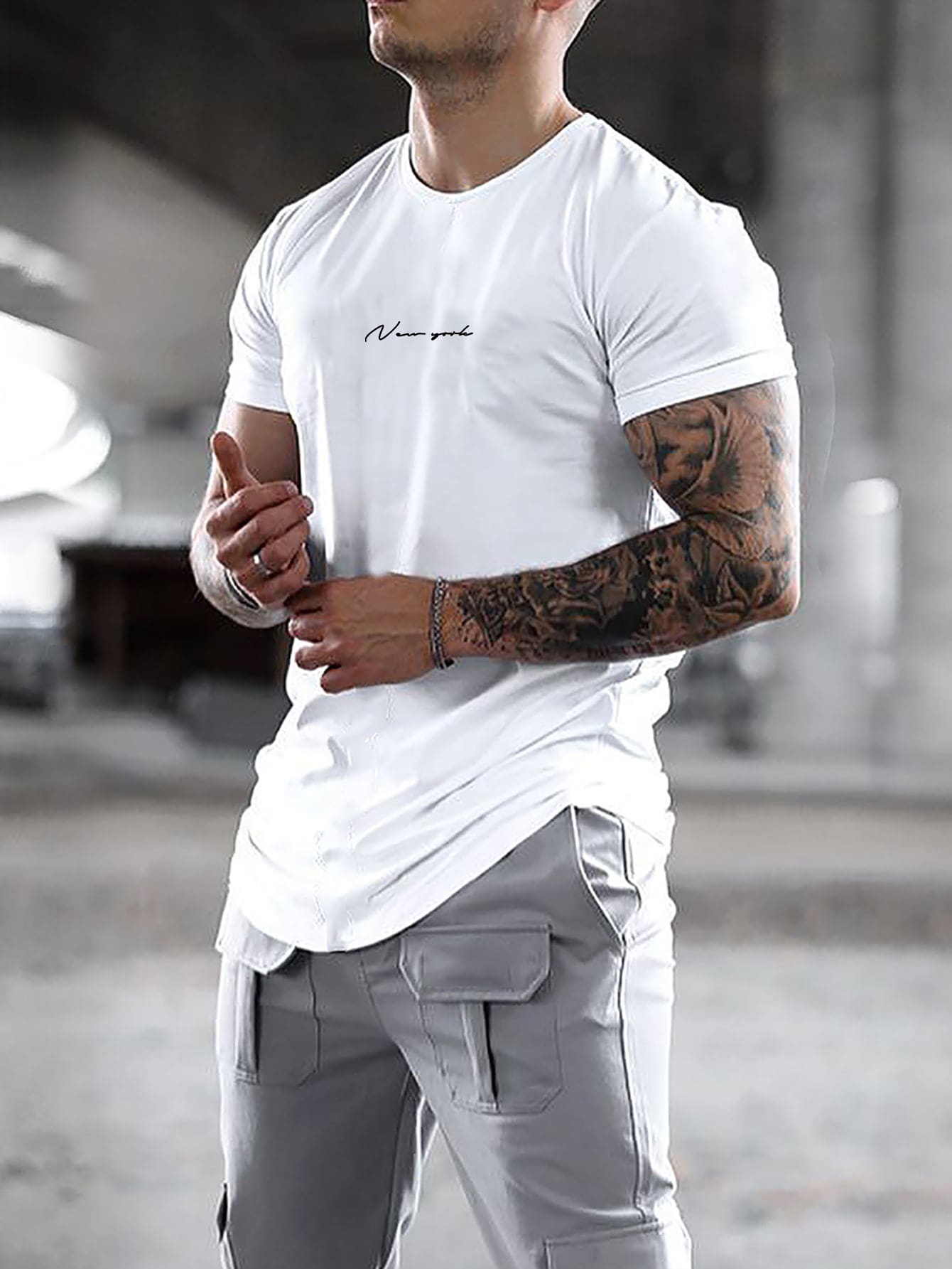 Manfinity Homme Men T-Shirts Fit Crew Neck Short Sleeve Slogan Tee Casual - White - View 1