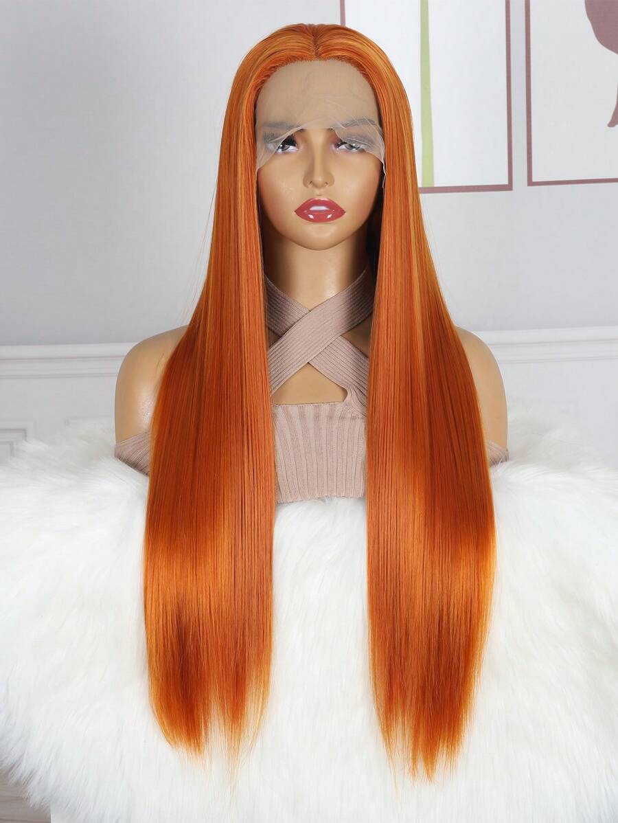 13*2.5 lace front wig Orange Silk straight synthetic wigs for Women