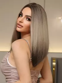 棕灰金渐变色直发合成中长假发，适合女性，可用于角色扮演派对，耐热且外观自然。 - 漸層 - 查看 3