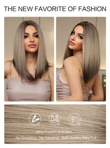 棕灰金渐变色直发合成中长假发，适合女性，可用于角色扮演派对，耐热且外观自然。 - 漸層 - 查看 6