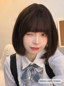 alicegarden 1 片合成耐热短款 Bobo 假发，深棕色刘海，12 英寸长，纤维制成，时尚假发，自然逼真