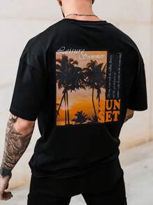 Manfinity RSRT 男士標語和棕櫚樹印花T恤 - 黑色 - 查看 1