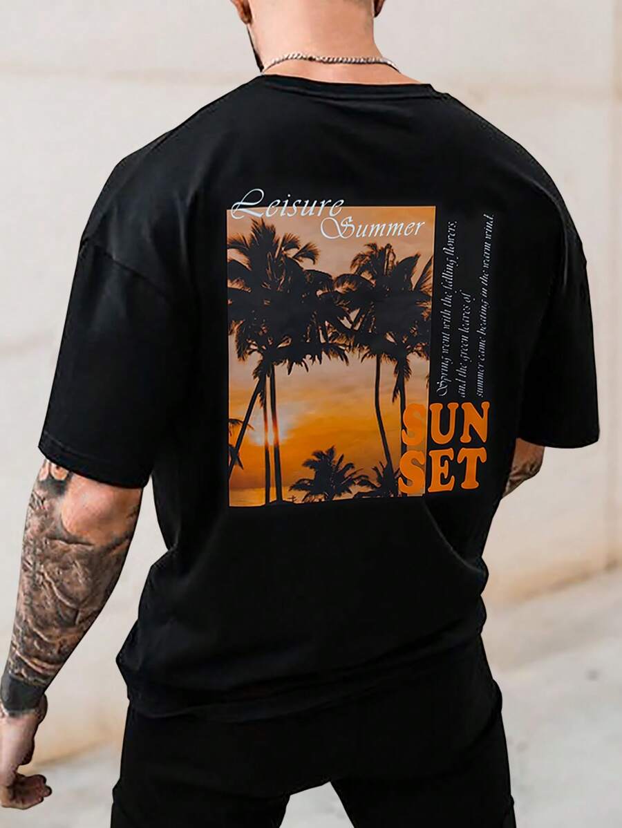 Manfinity RSRT 男士標語和棕櫚樹印花T恤 - 黑色 - 查看 1