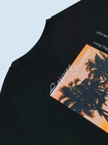 Manfinity RSRT 男士標語和棕櫚樹印花T恤 - 黑色 - 查看 3