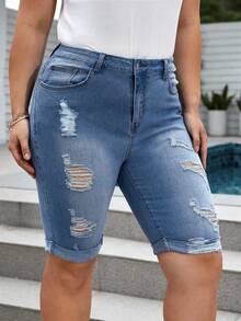 SHEIN LUNE Shorts en mezclilla desgarro bajo de doblez