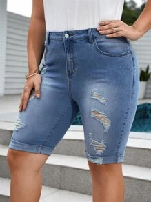 SHEIN LUNE Shorts en mezclilla desgarro bajo de doblez