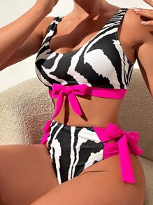 Swim Lushoire Summer Beach Zebra Striped Knot Side Bikini - Multicolor - View 1
