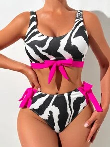 Swim Lushoire Summer Beach Zebra Striped Knot Side Bikini - Multicolor - View 4