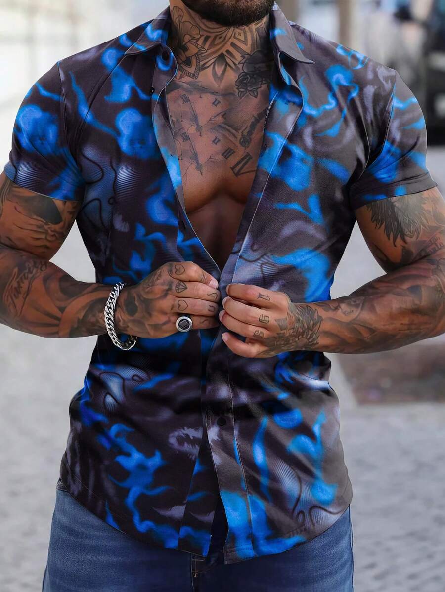 男士滿版印花前排扣襯衫 - 彩色 - 查看 1