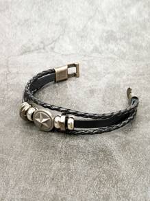 1入組龐克PU聚氨酯星星和珠子裝飾分層手鏈適合男士日常裝飾 - 黑色 - 查看 2