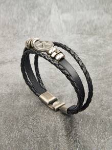 1入組龐克PU聚氨酯星星和珠子裝飾分層手鏈適合男士日常裝飾 - 黑色 - 查看 3