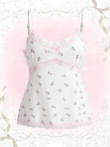 ROMWE Kawaii 小碎花印花撞色蕾丝吊带背心，学校 - 白色 - 查看 4