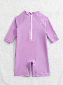 Baby Unicorn Print Zipper Back Raglan Sleeve One Piece Swimsuit - Lilac Purple - View 2