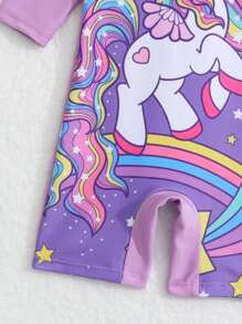 Baby Unicorn Print Zipper Back Raglan Sleeve One Piece Swimsuit - Lilac Purple - View 3
