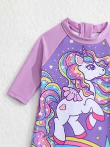 Baby Unicorn Print Zipper Back Raglan Sleeve One Piece Swimsuit - Lilac Purple - View 4