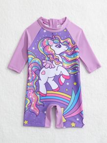 Baby Unicorn Print Zipper Back Raglan Sleeve One Piece Swimsuit - Lilac Purple - View 5