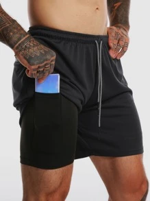Nam 2 trong1 Quần short Có túi điện thoại Bên Eo dây rút Quần short Đen Quần short - màu đen - Xem 1