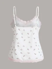 ROMWE Kawaii 小碎花印花撞色蕾丝吊带背心，学校 - 白色 - 查看 2