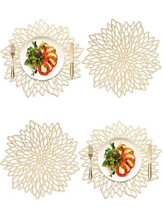 4 st guldformade pvc-underlägg, tvättbara, lätta att rengöra, avtorkningsbara, halkfria, värmebeständiga, för matbord, semester, bröllop, fest och festivaldekoration