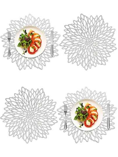 件裝銀色鏤空花 PVC 餐墊，可水洗，易於清潔，可擦拭，防滑，耐熱，適合節日、婚禮、派對、節日餐桌裝飾