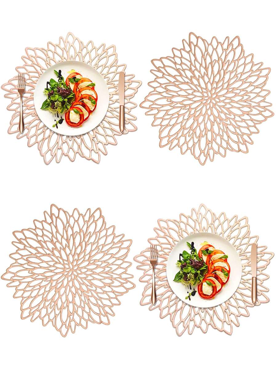 4 cái Thảm trải bàn ăn bằng nhựa Pvc tông màu vàng rỗng, chống nước, dễ lau chùi, có thể lau được, chống trượt, chịu nhiệt, trang trí lễ hội tiệc cưới ngày lễ - Hoa hồng vàng - Xem 1