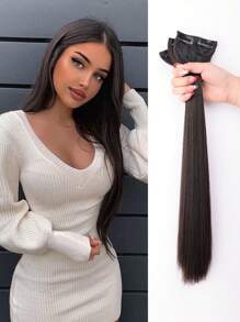 3入組夾片中等直筒合成纖維接髮 - 棕色 - 查看 1