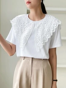 DAZY 对比色凸纹蕾丝个性领 T 恤，荷叶边 - 白色 - 查看 6